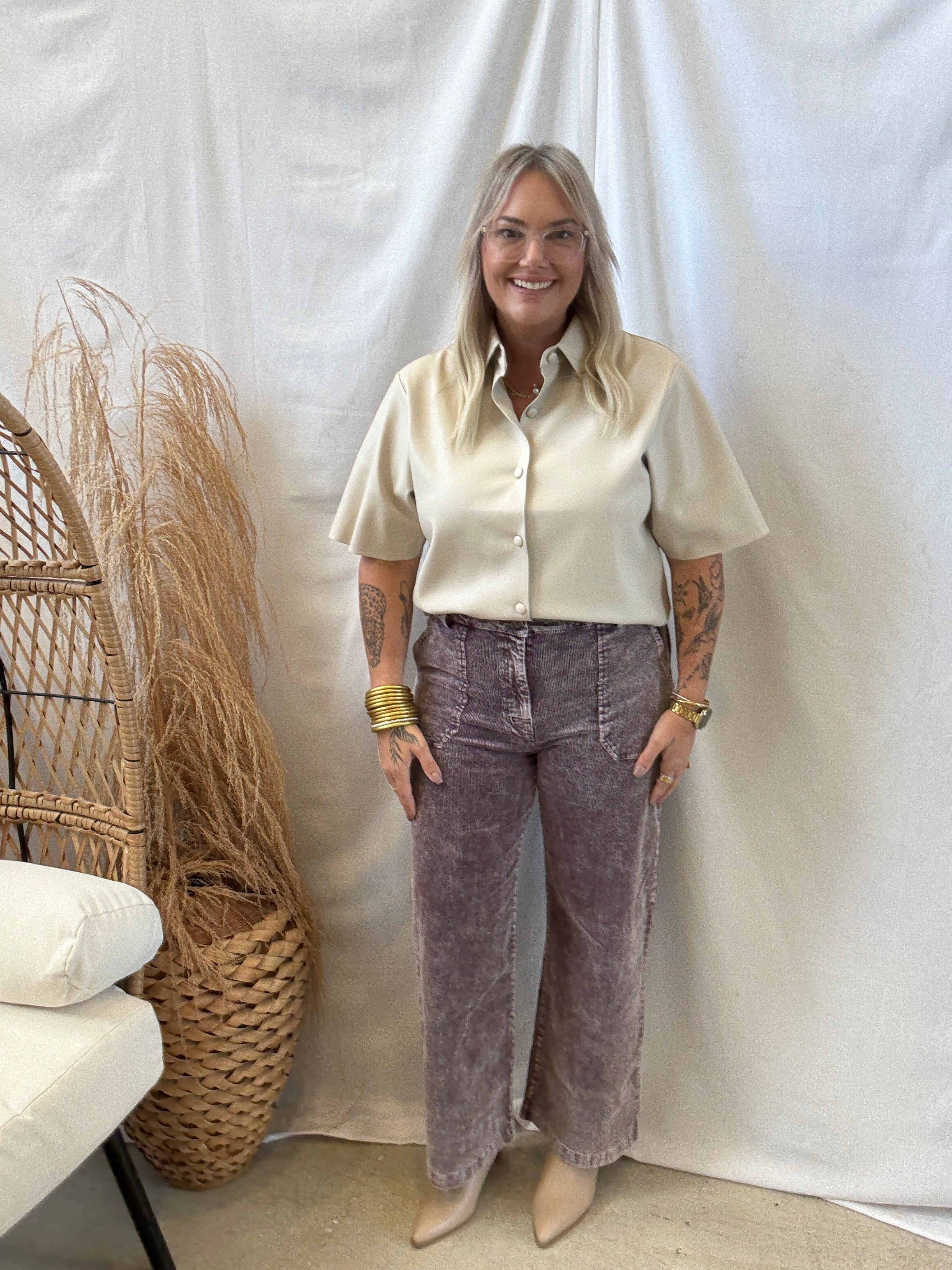 Leather Short Sleeve Button Down Top-Oatmeal