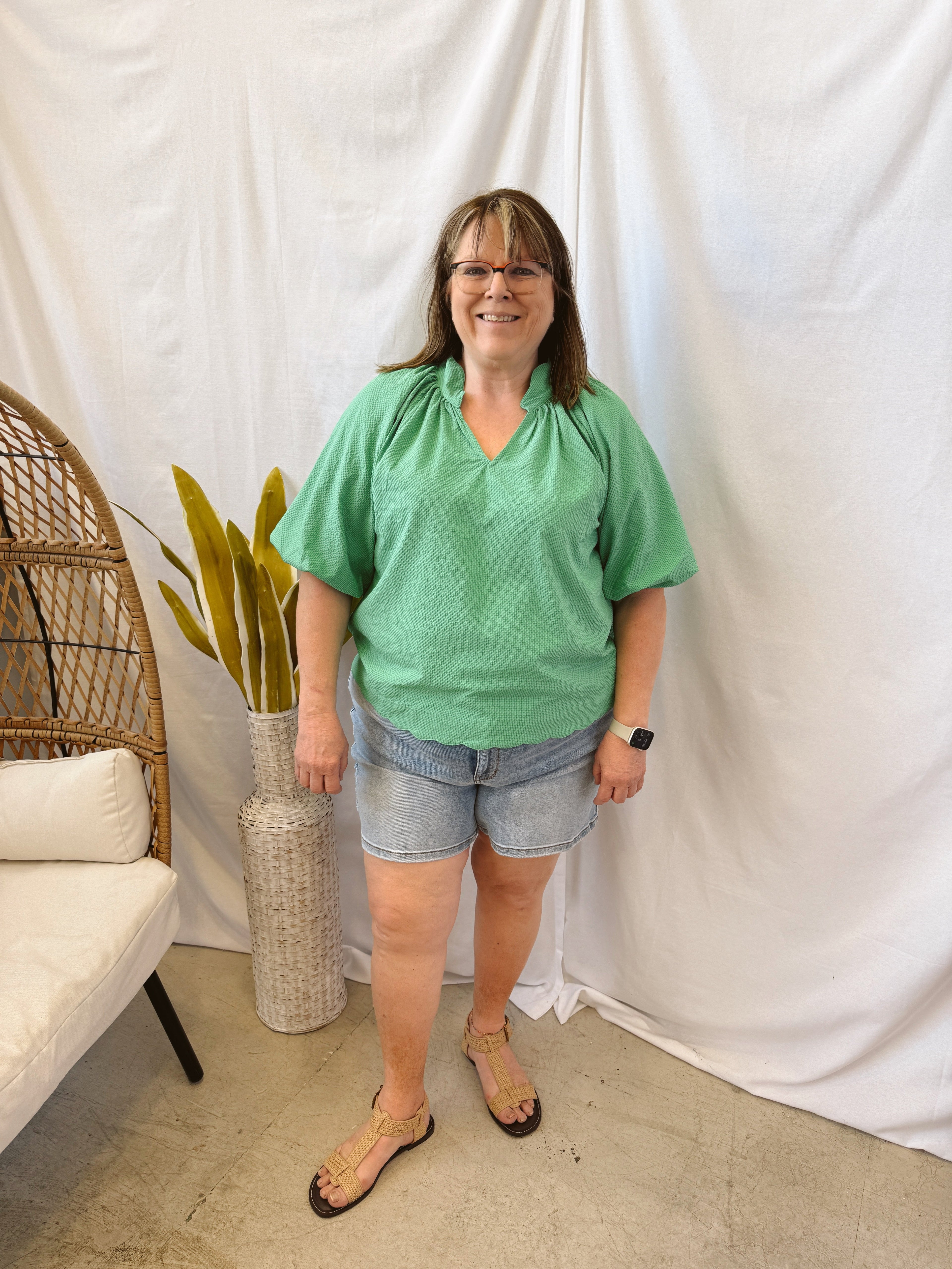 Bubble Sleeved Seersucker Top-Green