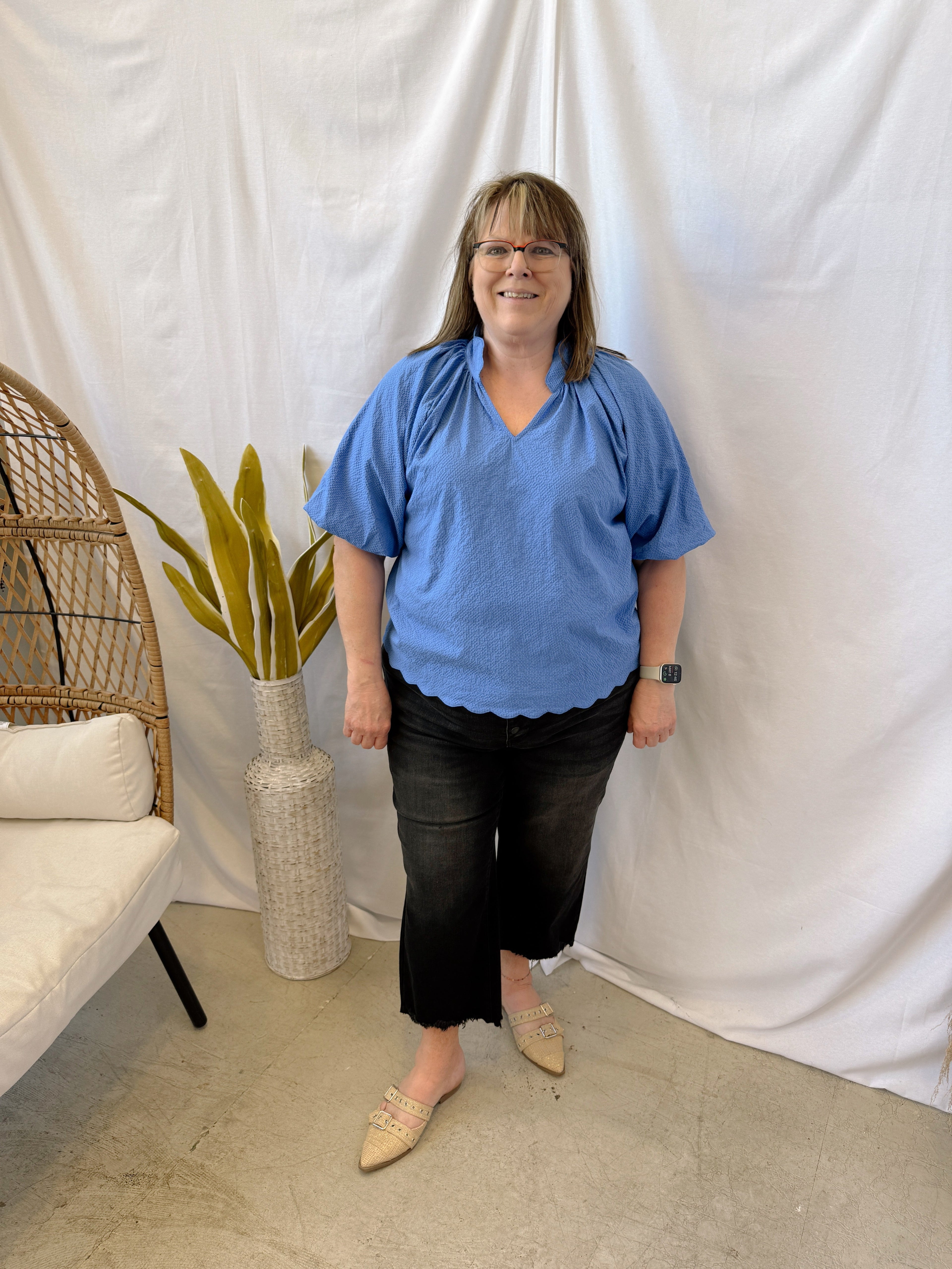 Bubble Sleeved Seersucker Top-Ocean