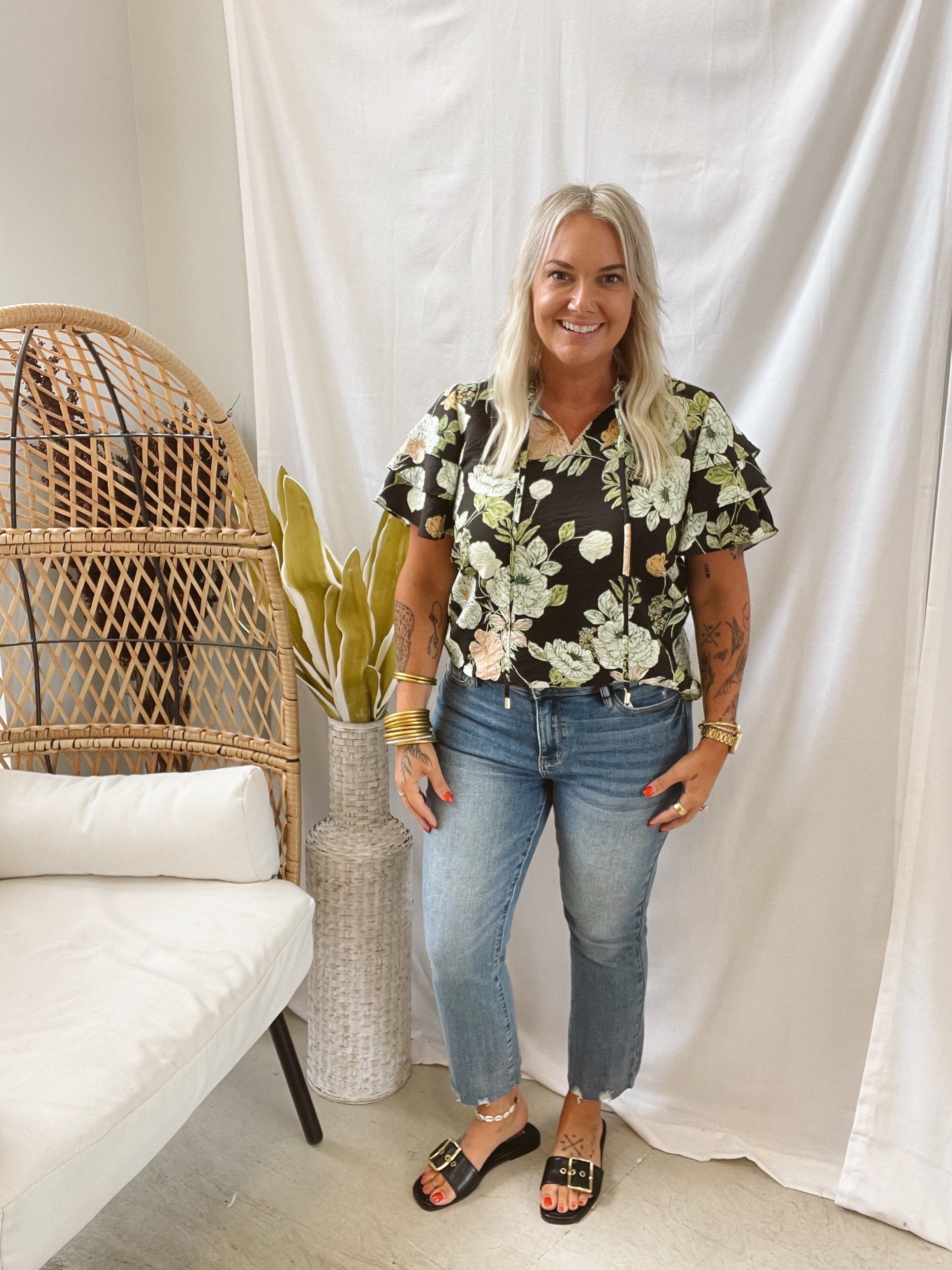Black Combo Floral Short Sleeve Top